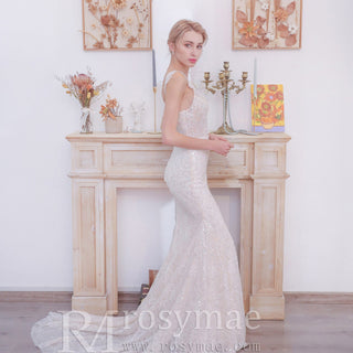 Sparkly Tank Strapy Sequins Mermaid Wedding Dress - Rosymae