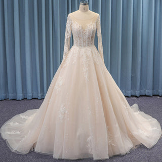 Princess Sheer Bodice & Long Sleeve Ball Gown Wedding Dress