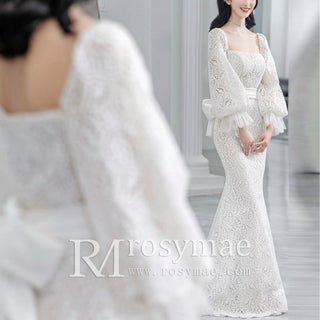 Square-neck Long Sleeve Mermaid Lace Wedding Dress with Train
