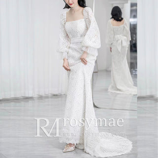 Square-neck Long Sleeve Mermaid Lace Wedding Dress with Train