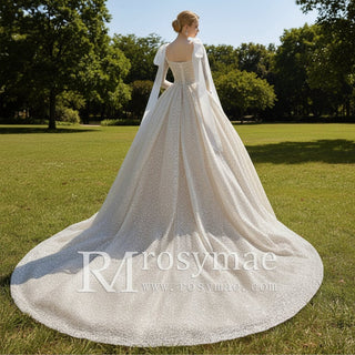 Square Neck Sequin Wedding Dress Ball Gown with Long Sleeves - Rosymae