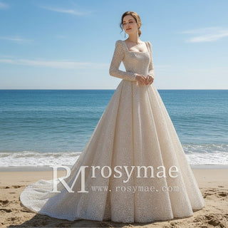 Square Neck Sequin Wedding Dress Ball Gown with Long Sleeves - Rosymae
