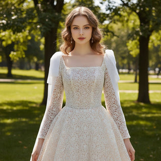 Square Neck Sequin Wedding Dress Ball Gown with Long Sleeves - Rosymae