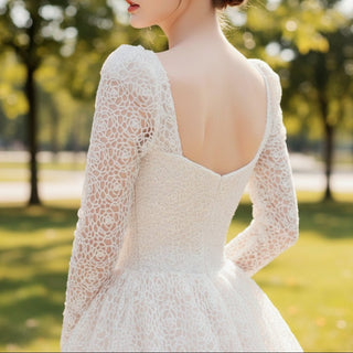 Square Neck Sequin Wedding Dress Ball Gown with Long Sleeves - Rosymae