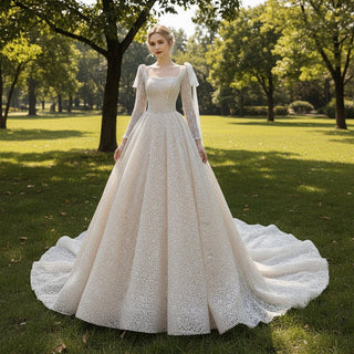 Square Neck Sequin Wedding Dress Ball Gown with Long Sleeves - Rosymae
