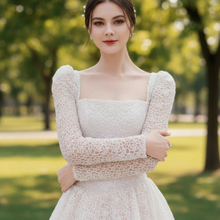 Square Neck Sequin Wedding Dress Ball Gown with Long Sleeves - Rosymae