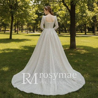 Square Neck Sequin Wedding Dress Ball Gown with Long Sleeves - Rosymae