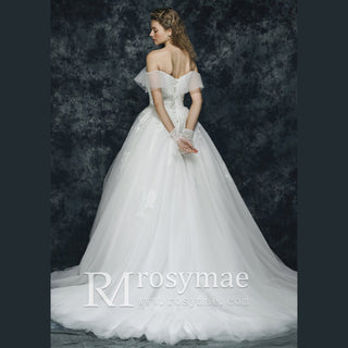 Off the Shoulder Tulle Wedding Dress with Straight Neckline