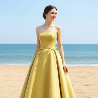 Straight Neckline Mid Calf Satin A-line Gold Wedding Dress - Rosymae