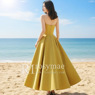 Straight Neckline Mid Calf Satin A-line Gold Wedding Dress Gold / 0