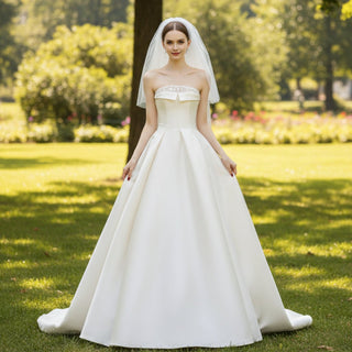 Straight Neckline Plain Satin Wedding Dresses & Bridal Gowns - Rosymae