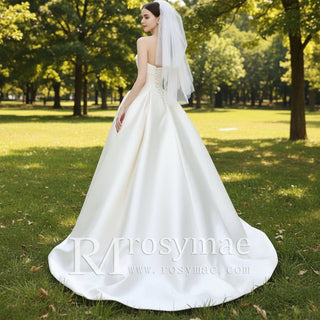 Straight Neckline Plain Satin Wedding Dresses & Bridal Gowns - Rosymae