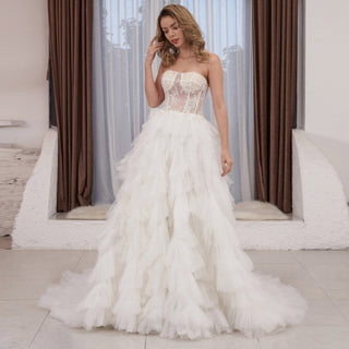 Sexy Sheer Bodice Curve A-line Ruched Tulle Wedding Dress