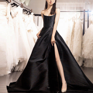 Scoop Neck A-line Black Wedding Dress Bridal Gown with Leg Slit