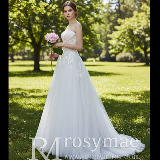 Strapless A-Line Tulle Wedding Dress with Curve Neckline - Rosymae