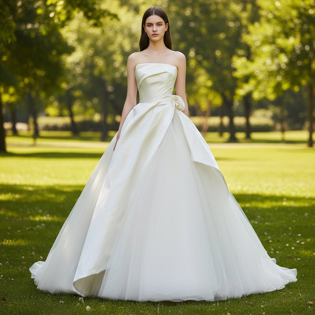 Strapless Asymmetrical Wedding Dress Ruffle Bridal Gown - Rosymae