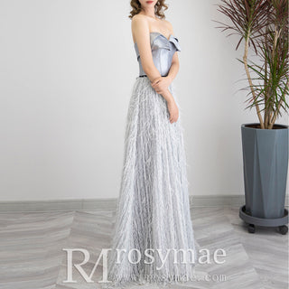 Strapless Formal Gown Evening Party Prom Dress with Feathers