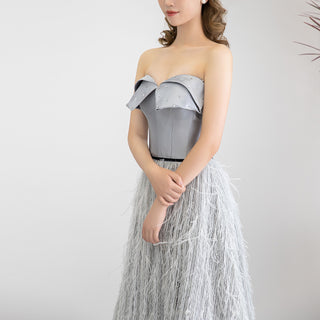Strapless Formal Gown Evening Party Prom Dress with Feathers