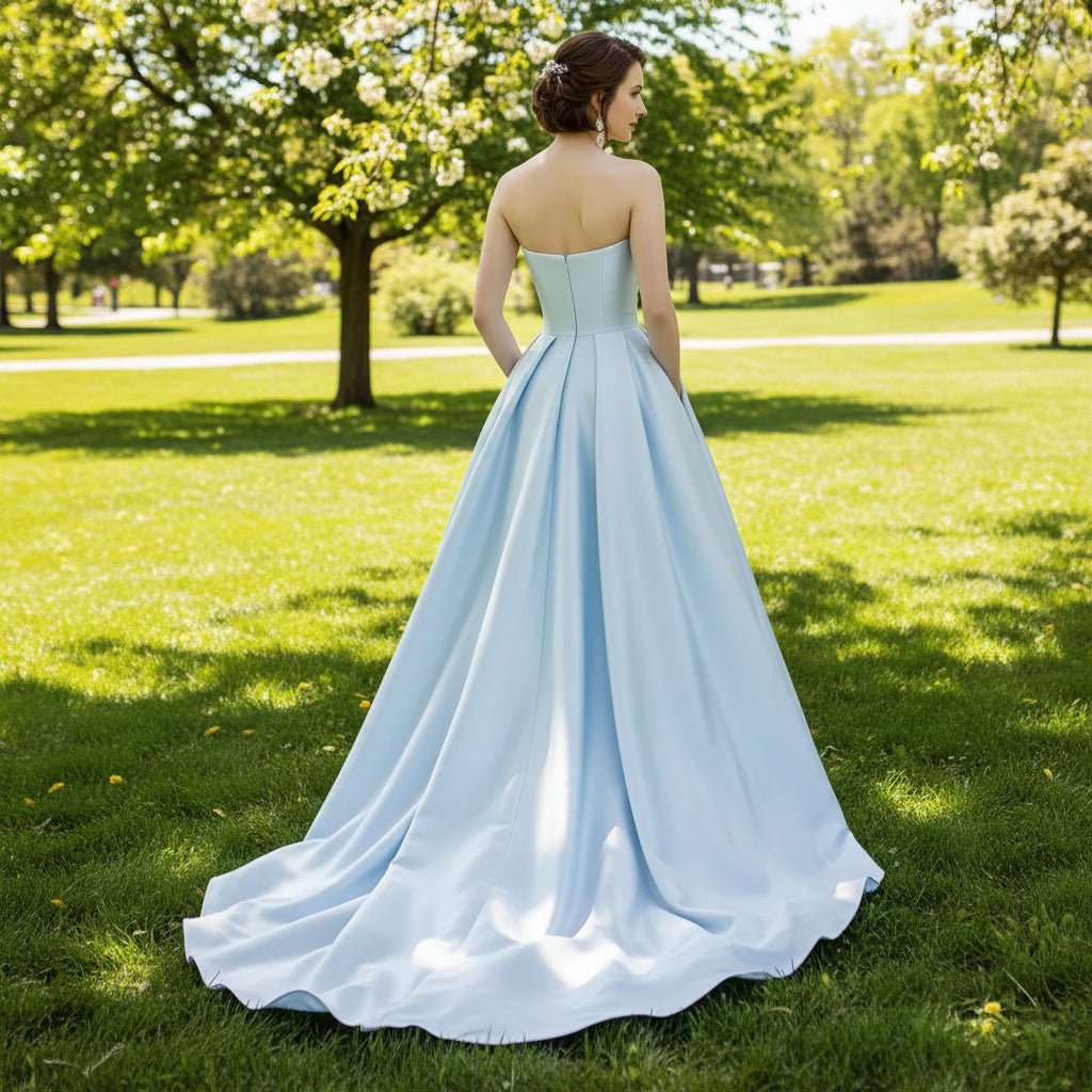 Strapless Baby Blue Satin Bridal Gown Wedding Dress with Pocket - Rosymae