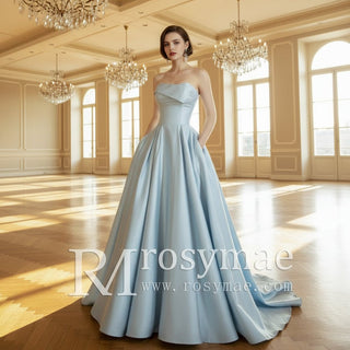 Strapless Baby Blue Satin Bridal Gown Wedding Dress with Pocket - Rosymae