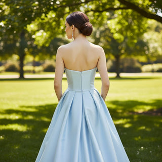 Strapless Baby Blue Satin Bridal Gown Wedding Dress with Pocket - Rosymae