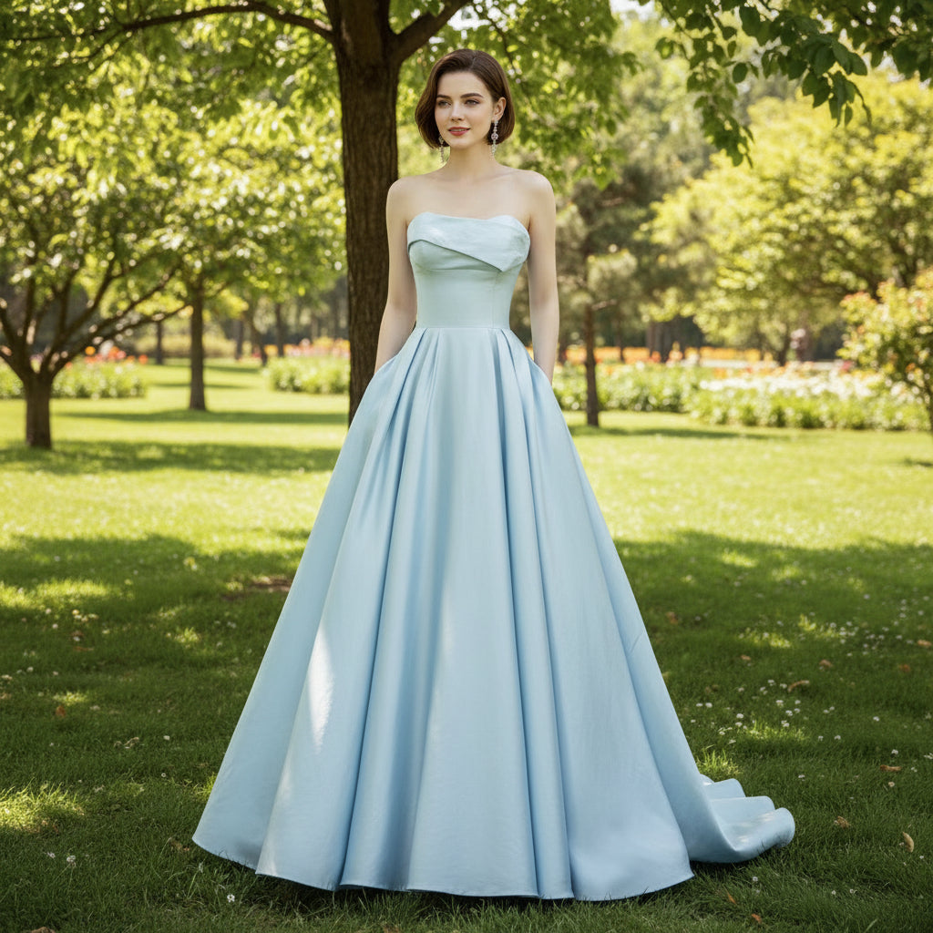 Strapless Baby Blue Satin Bridal Gown Wedding Dress with Pocket Baby Blue / 12 Strapless Baby Blue Satin Bridal Gown Wedding Dress with Pocket Baby Blue / 12