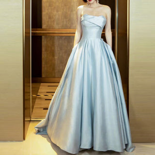 Strapless Baby Blue Satin Bridal Gown Wedding Dress with Pocket+