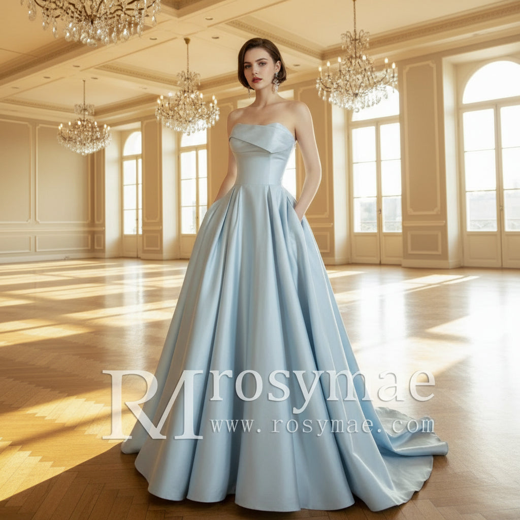 Strapless Baby Blue Satin Bridal Gown Wedding Dress with Pocket Rosymae Strapless Baby Blue Satin Bridal Gown Wedding Dress with Pocket Rosymae