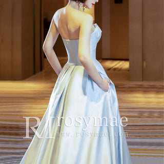 Strapless Baby Blue Satin Bridal Gown Wedding Dress with Pocket
