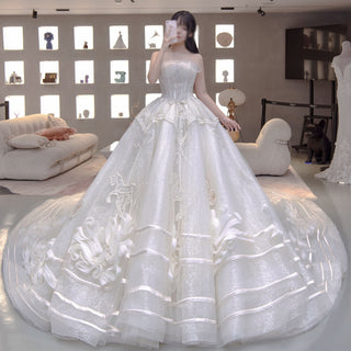 Strapless Puff Skirt Ball Gown Bridal Wedding Dress Long Train