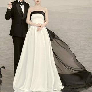 Black and White A-line Satin Wedding Dresses Bridal Gowns
