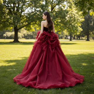 Strapless Crimson Formal Dresses Evening Gowns with Feathers - Rosymae