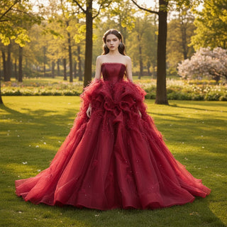 Strapless Crimson Formal Dresses Evening Gowns with Feathers - Rosymae
