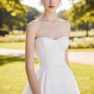 Strapless Embroidery Jacquard Wedding Dress with Long Train - Rosymae