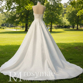 Strapless Embroidery Jacquard Wedding Dress with Long Train - Rosymae