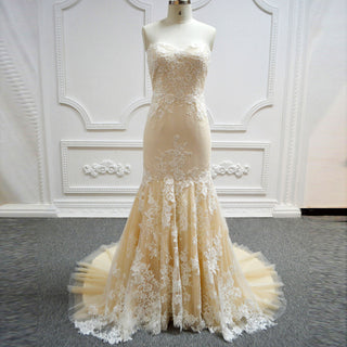 Champagne Strapless Sweetheart Lace Trumpet Wedding Dresses