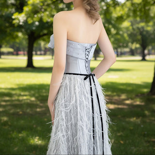 Strapless Formal Gown Evening Party Prom Dress with Feathers - Rosymae