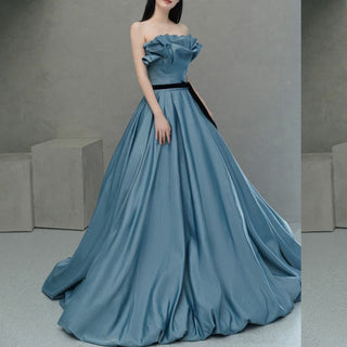 Strapless Ruched Top Steel Blue Formal Party Dresses for Women