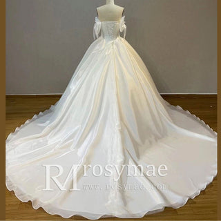 Strapless Organza V-neck Bridal Gown Wedding Dress Removable Sleeve - Rosymae