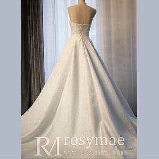 Strapless Embroidery Lace A-line Wedding Dress with Long Train