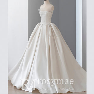 Ruching Strapless Satin Bridal Wedding Dress with Puffy Skirt