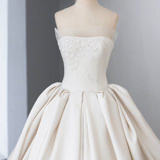 Ruching Strapless Satin Bridal Wedding Dress with Puffy Skirt