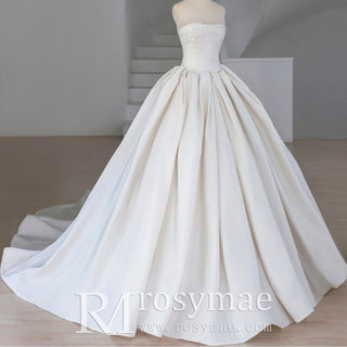 Ruching Strapless Satin Bridal Wedding Dress with Puffy Skirt