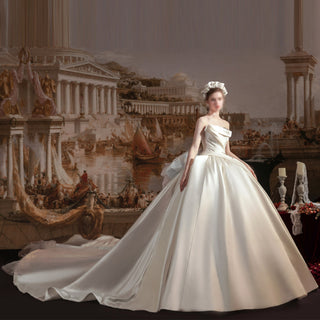 Strapless Straight Neck Ruched Satin Bridal Wedding Dress Ball Gown