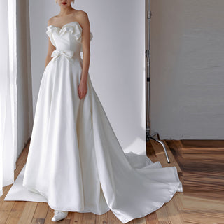 Ruffle Neckline A-line Wedding Dress with Bowknot Front