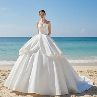 Strapless Satin Ball Gown Wedding Dress Ruffle Skirt Bridal Gown - Rosymae