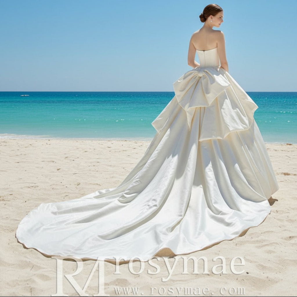 Strapless Satin Ball Gown Wedding Dress Ruffle Skirt Bridal Gown - Rosymae
