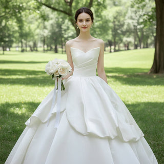 Strapless Satin Ball Gown Wedding Dress Ruffle Skirt Bridal Gown - Rosymae