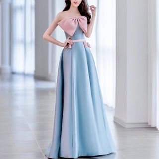 Baby Blue Formal Dress Prom Party Gown with Pink Bowknot
