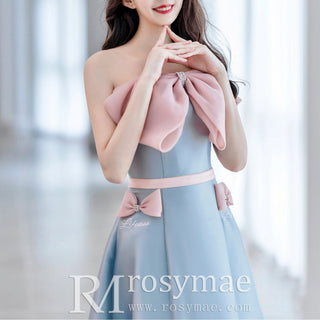 Baby Blue Formal Dress Prom Party Gown with Pink Bowknot